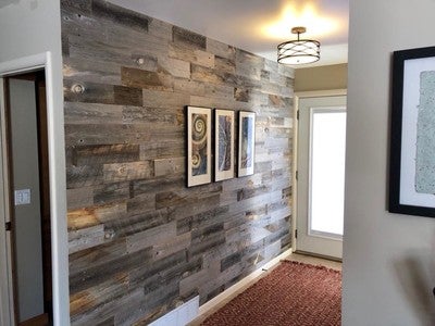 L And Stick Barnwood Wall Reclaimed Wood Stikwood Image By Stikwood Containing Wall Room Home Floor Interior Design