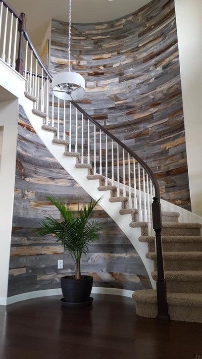 L And Stick Barnwood Wall Reclaimed Wood Stikwood Image By Stikwood Containing Stairs Handrail Structure Baer Interior Design