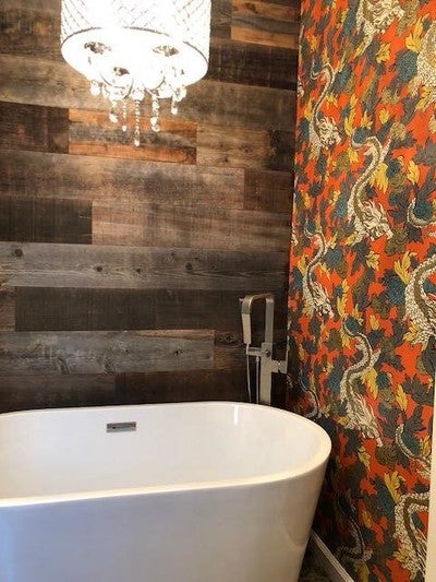 L And Stick Barnwood Wall Reclaimed Wood Stikwood Image By Stikwood Containing Bathroom Room Tile Wall Interior Design